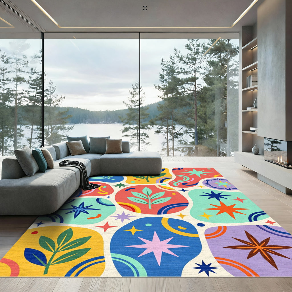 Mid-Century Modern Floral Starburst Pattern Rug