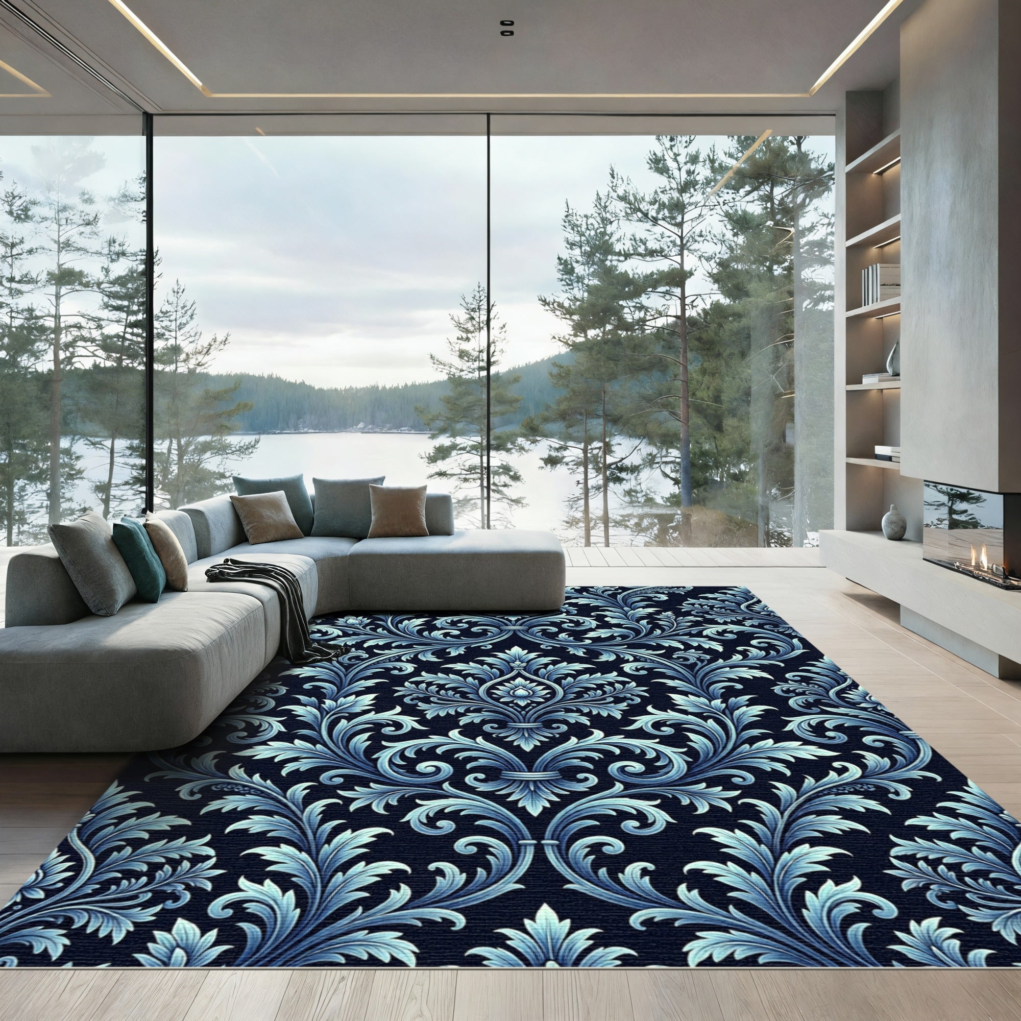 Elegant Blue Floral Damask Rug