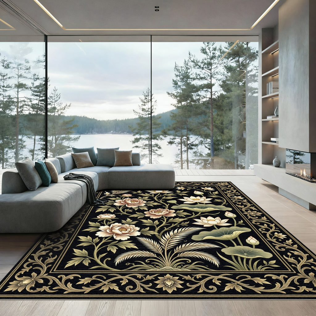 Ornate Black Floral Peony Lotus Rug