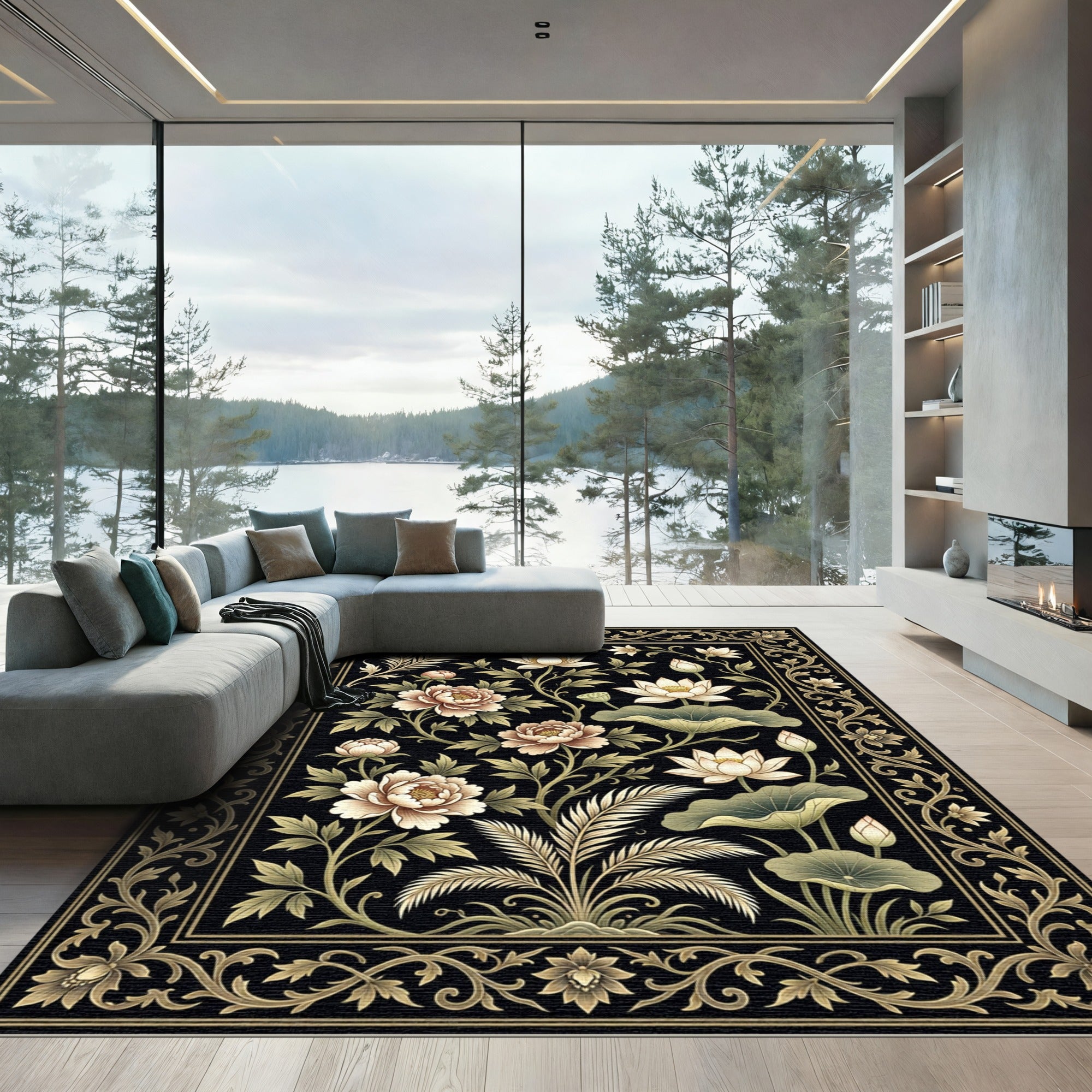 Ornate Black Floral Peony Lotus Rug