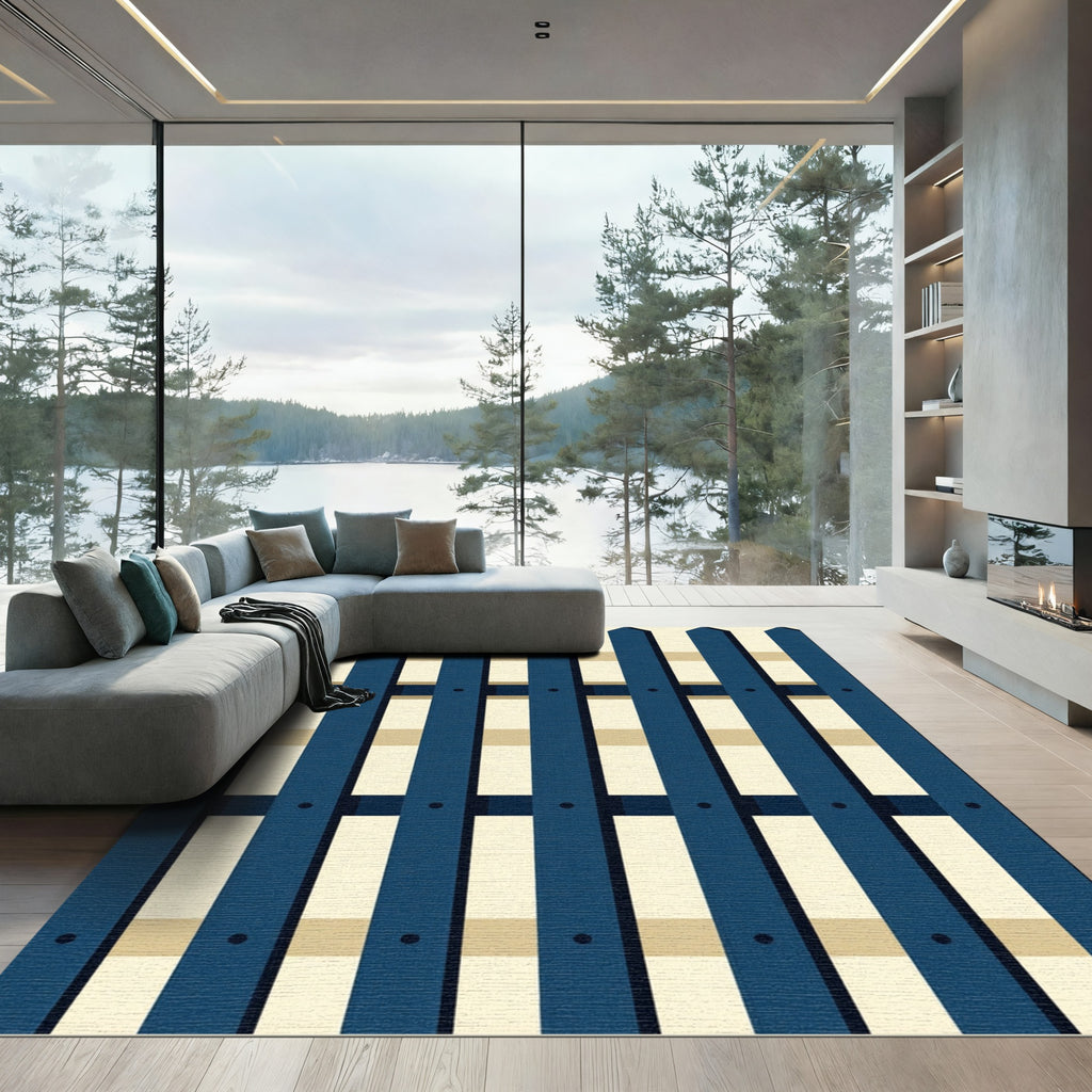 Modern Navy Blue Vertical Picket Fence Rug