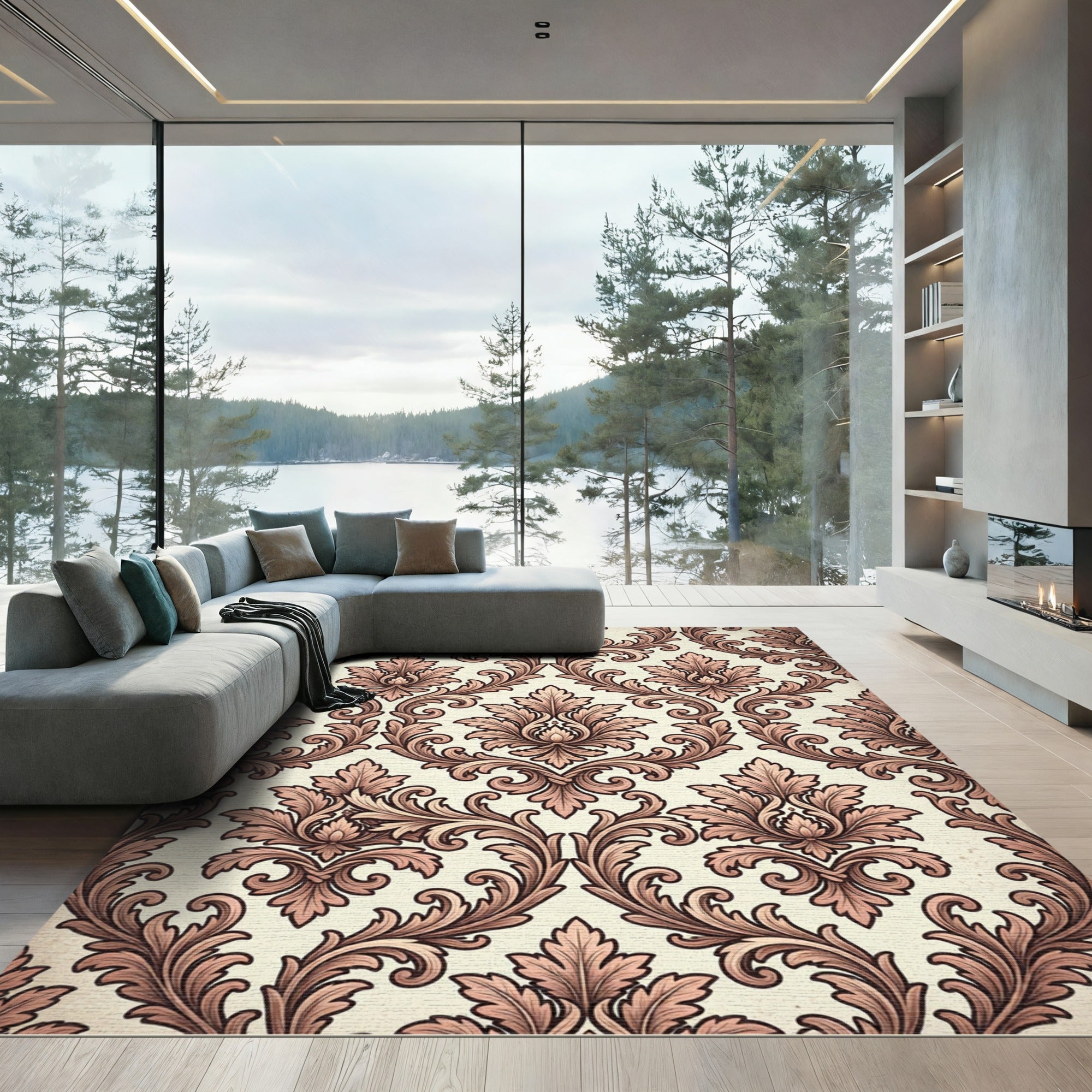 Elegant Beige Rose Acanthus Scroll Rug