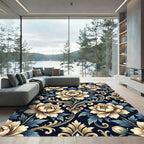 Elegant Cream Peony Gold Scroll Damask Rug