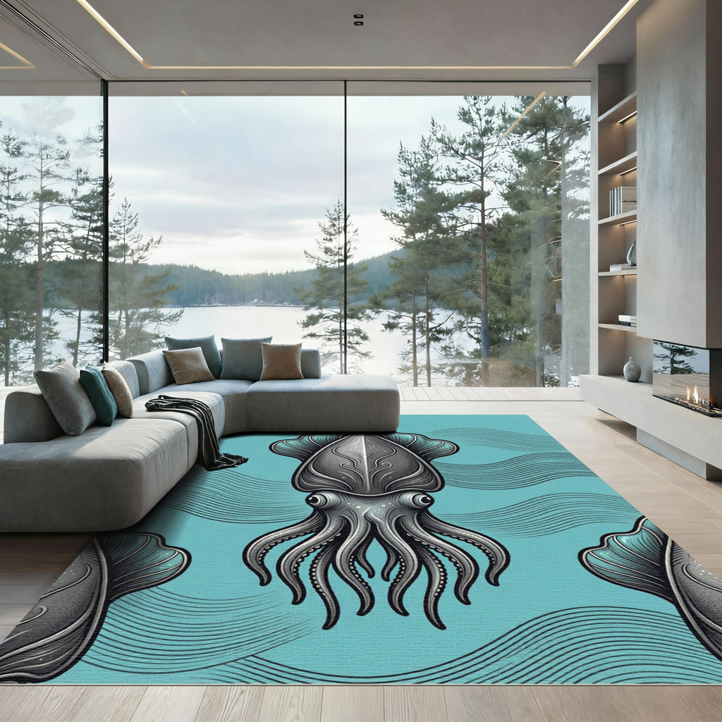 Art Deco Gray Squid Ocean Waves Rug