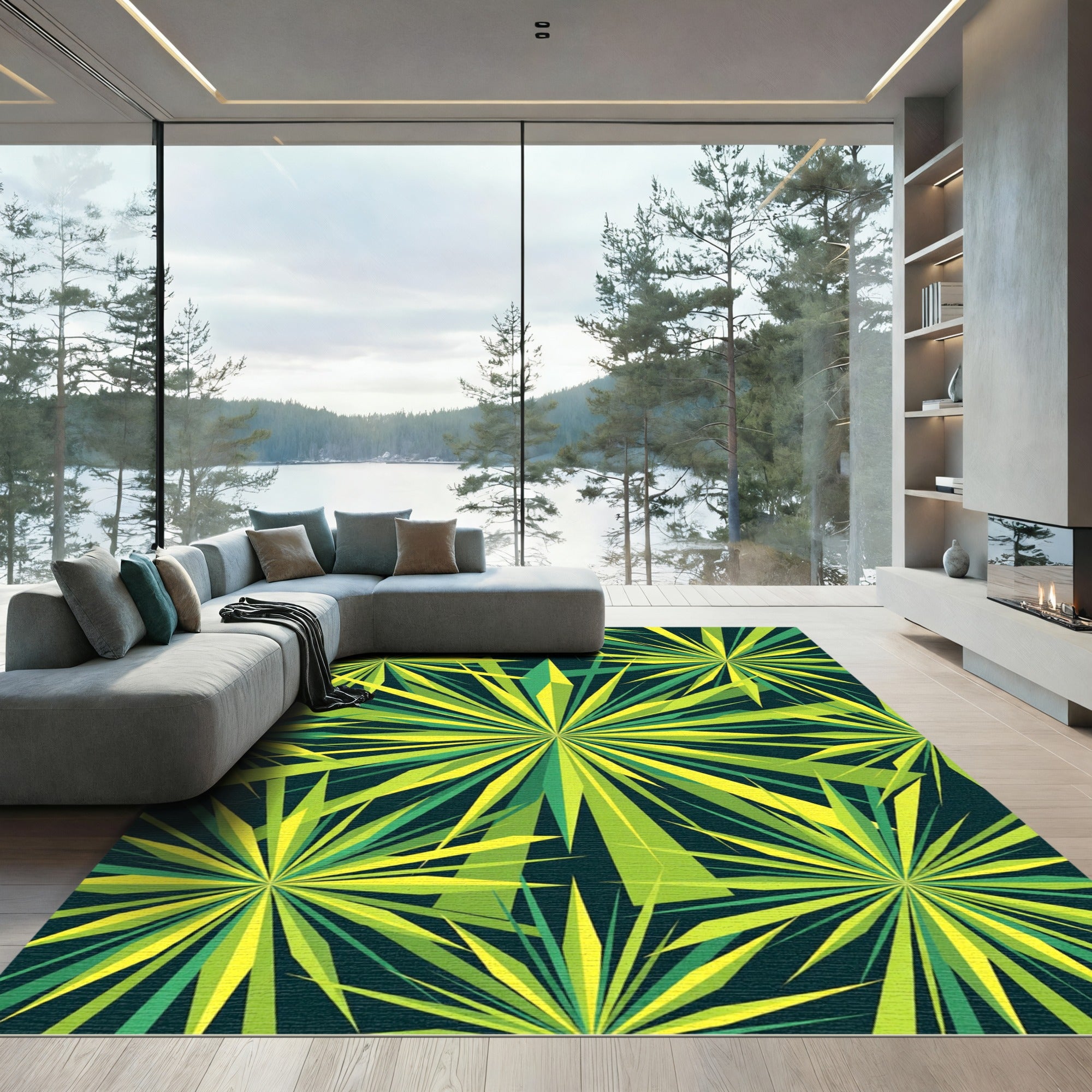 Radiant Lime Leaf Burst Pattern Rug