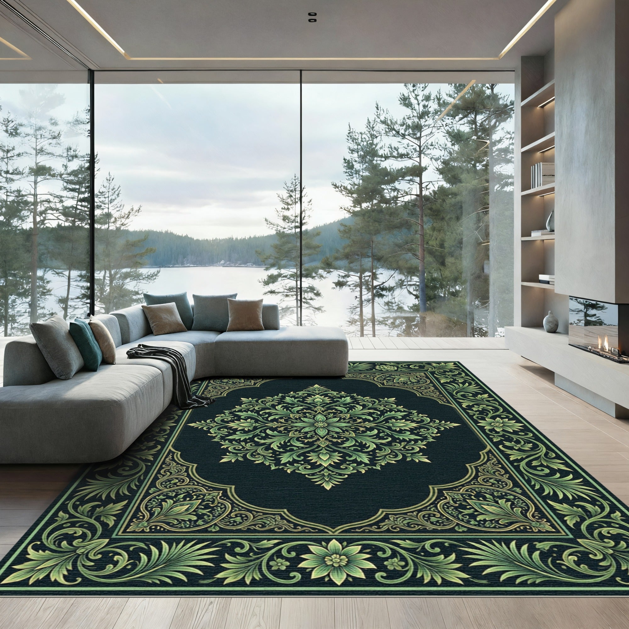 Emerald Green Ornate Botanical Medallion Rug