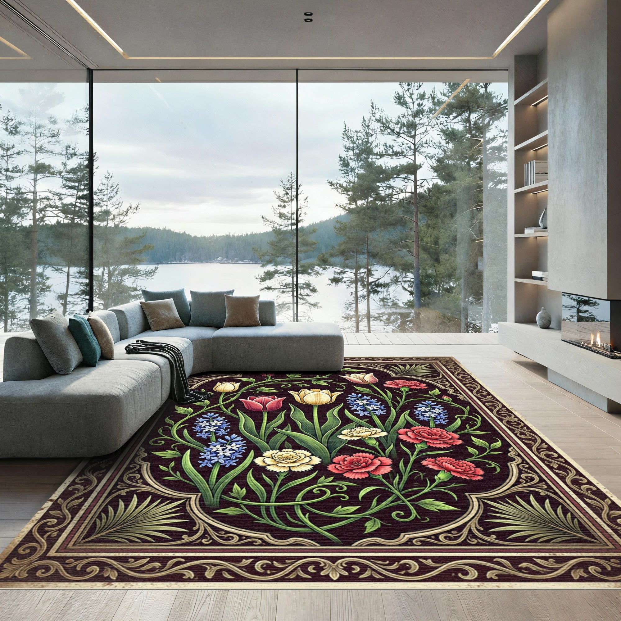Dark Floral Botanical Garden Medallion Rug
