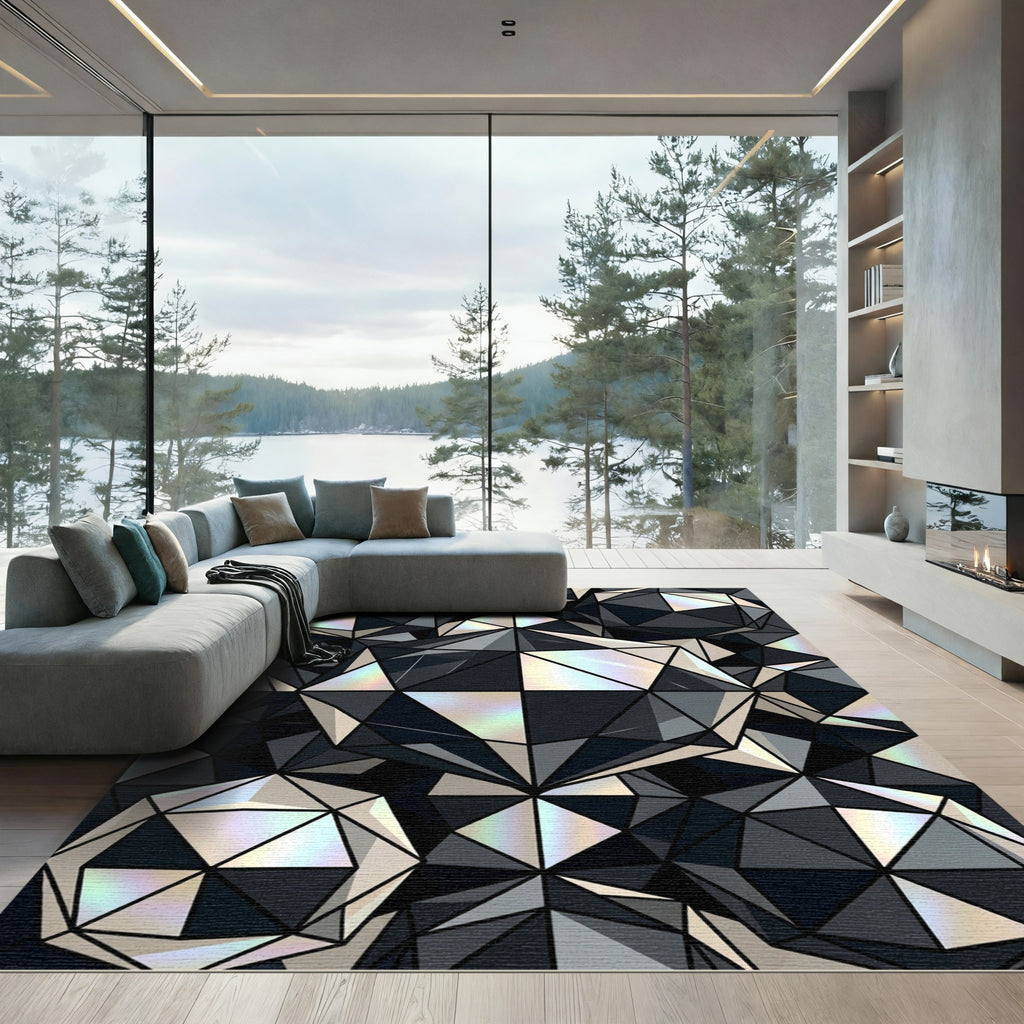 Geometric Monochrome Iridescent Faceted Sphere Rug