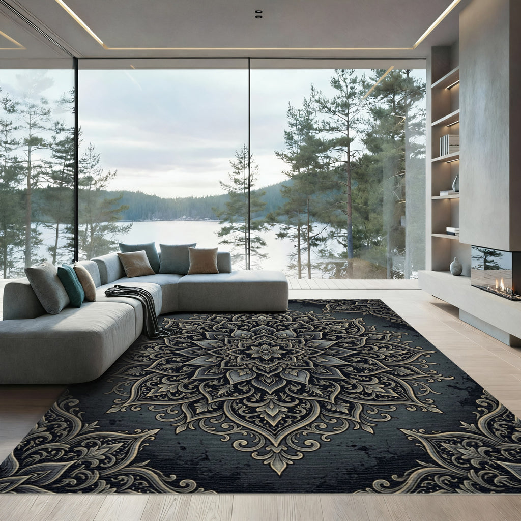 Midnight Charcoal Ornate Floral Medallion Rug