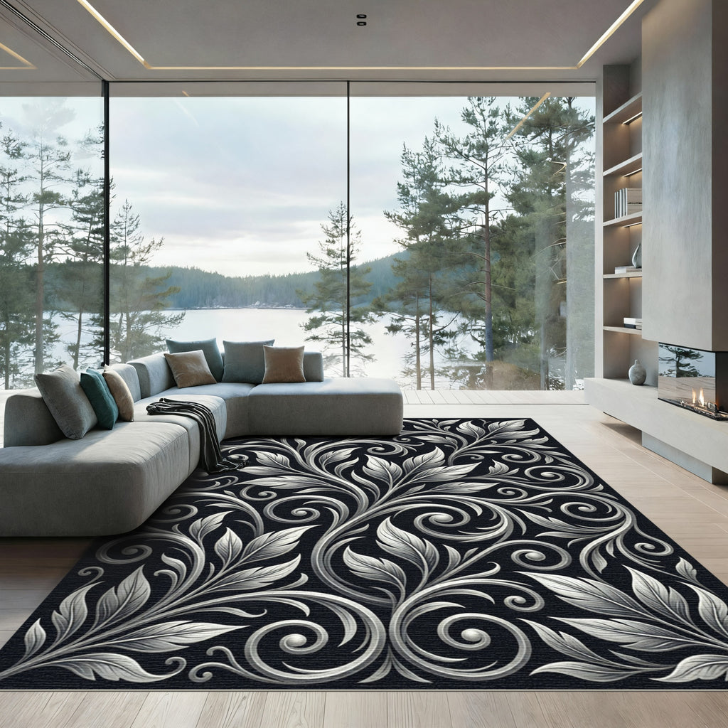 Ornate White Floral Scrollwork Swirls Rug