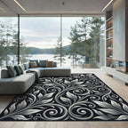 Ornate White Floral Scrollwork Swirls Rug