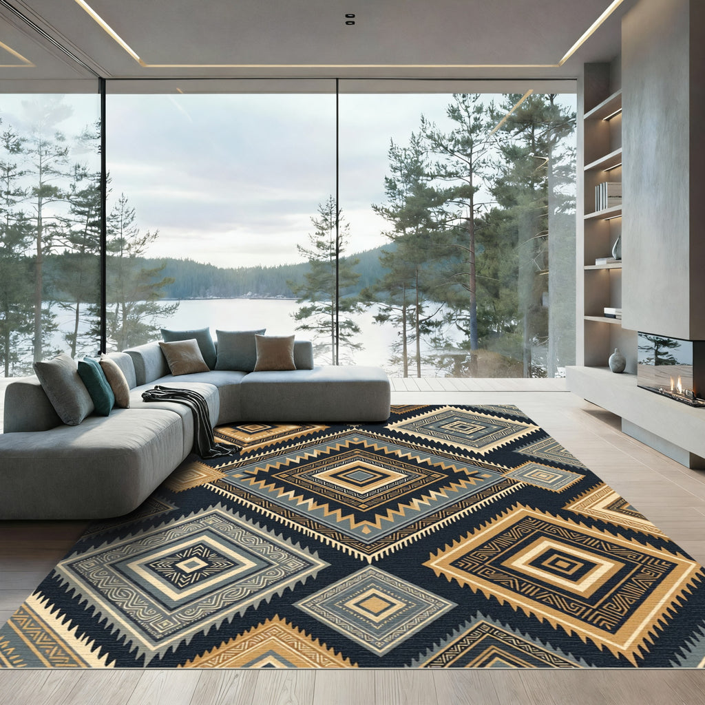 Geometric Teal Gold Diamond Pattern Rug
