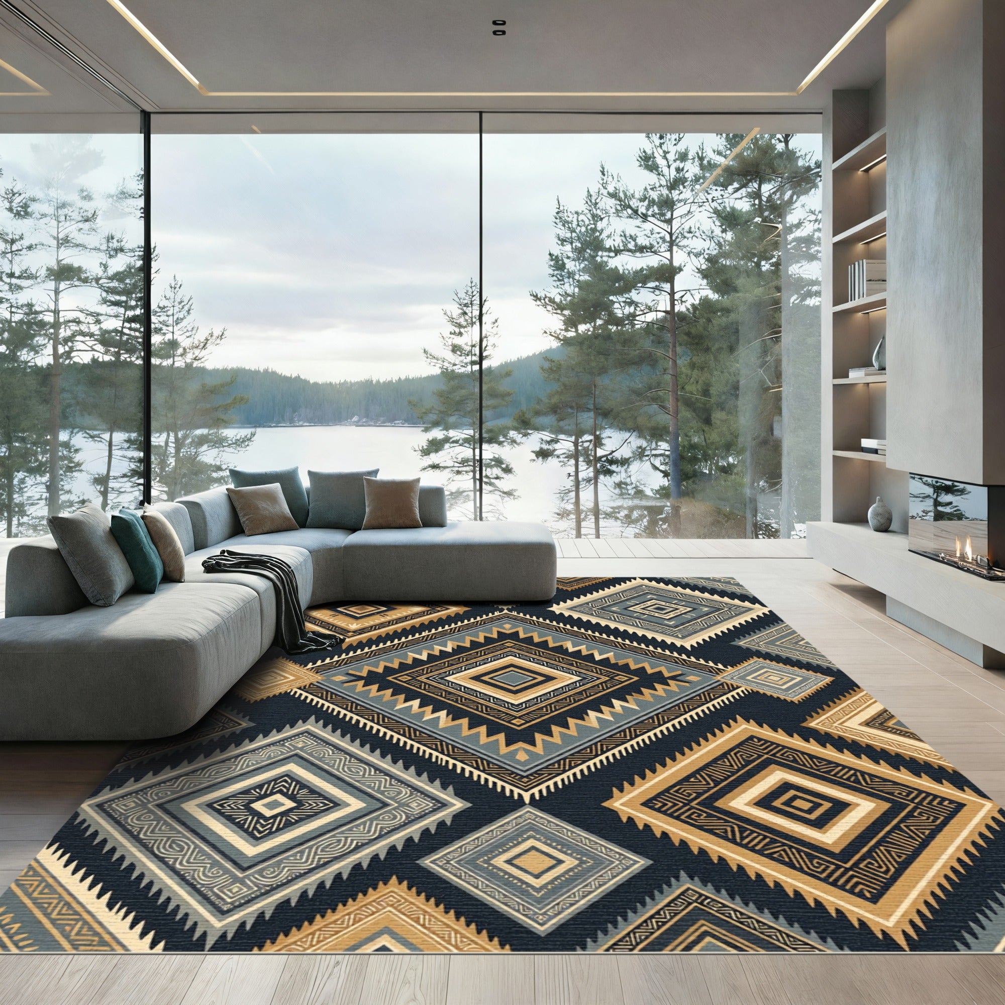 Geometric Teal Gold Diamond Pattern Rug