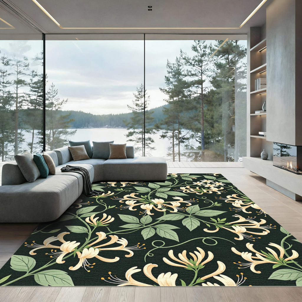 Elegant Honeysuckle Vine Botanical Dark Rug
