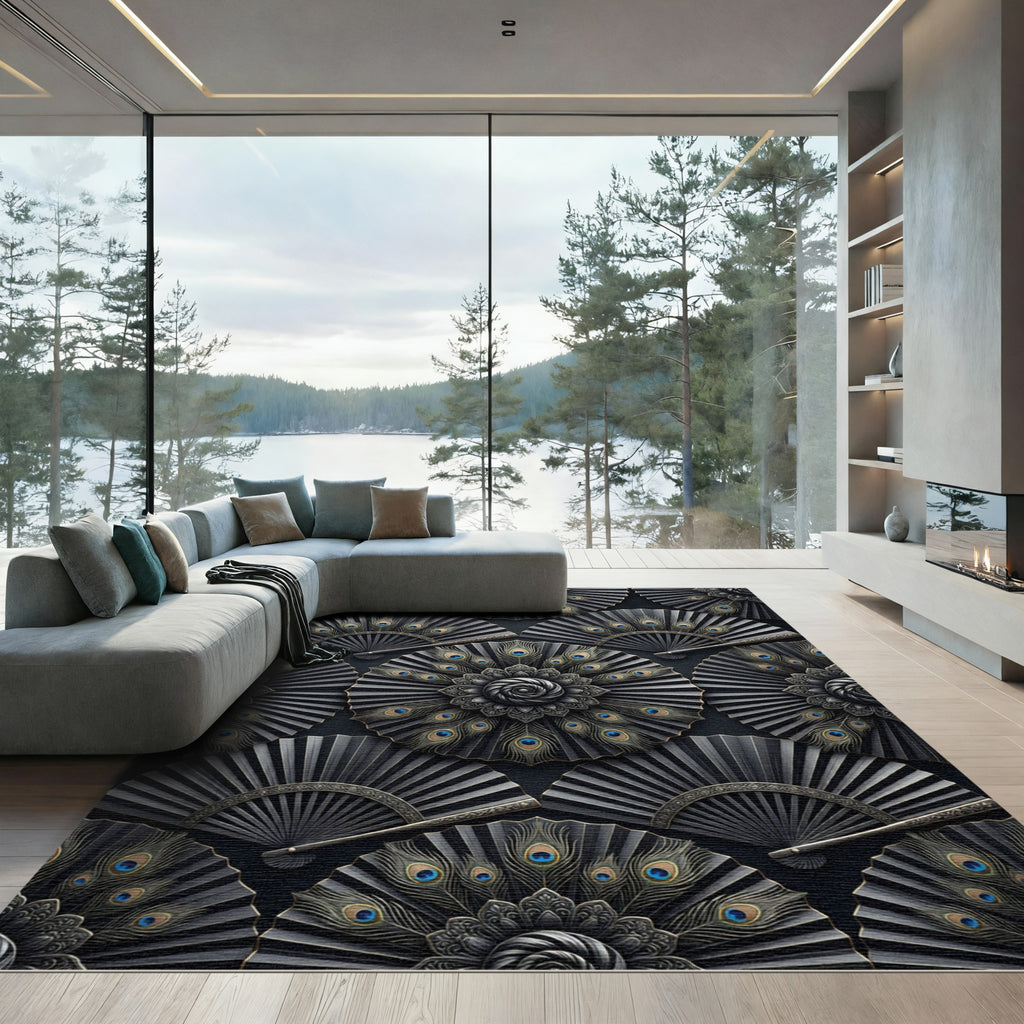 Elegant Peacock Feather Fan Medallion Rug