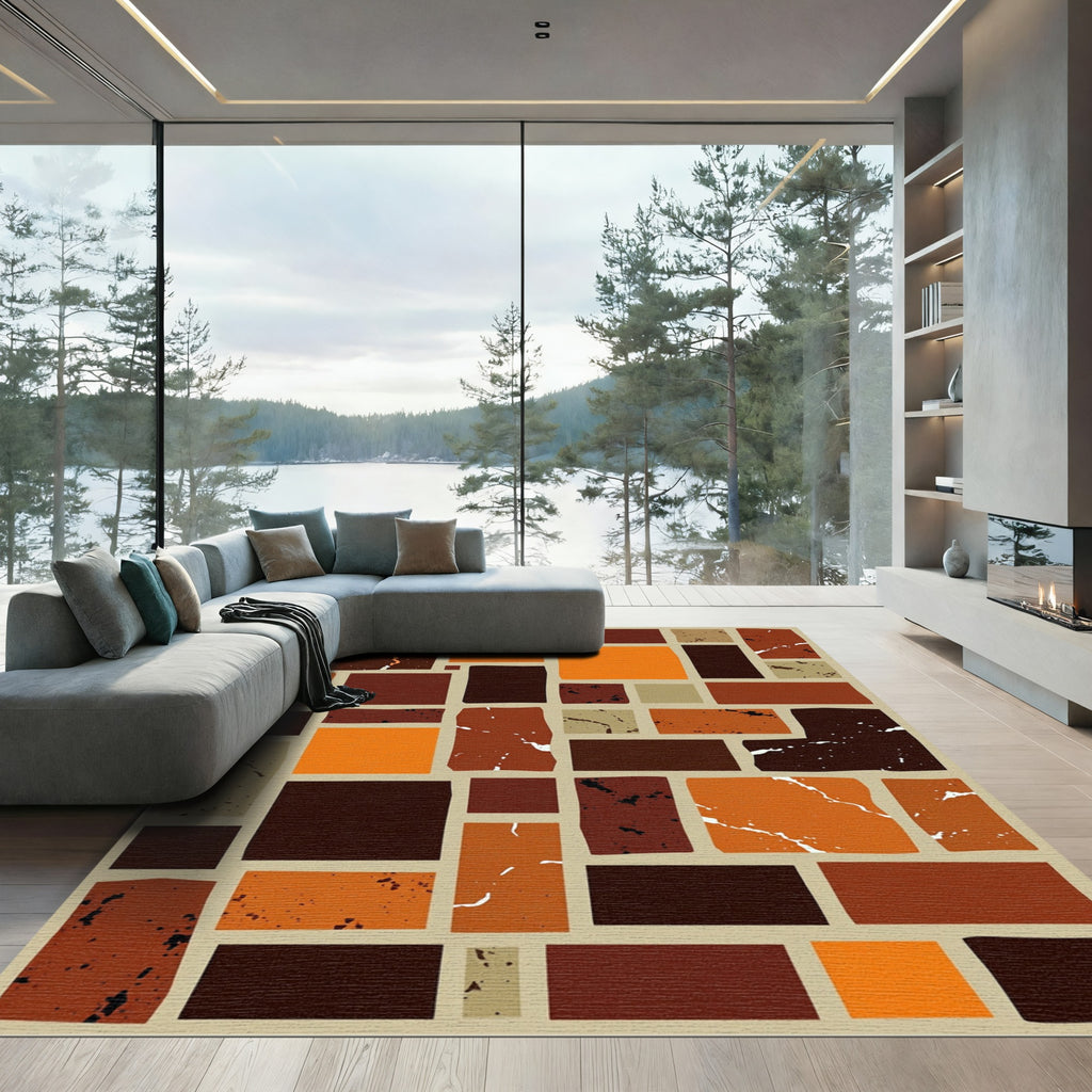 Terracotta Abstract Block Arrangement Accent Rug