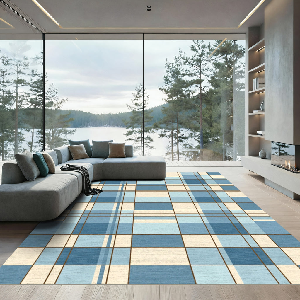 Blue Geometric Grid Plaid Check Rug
