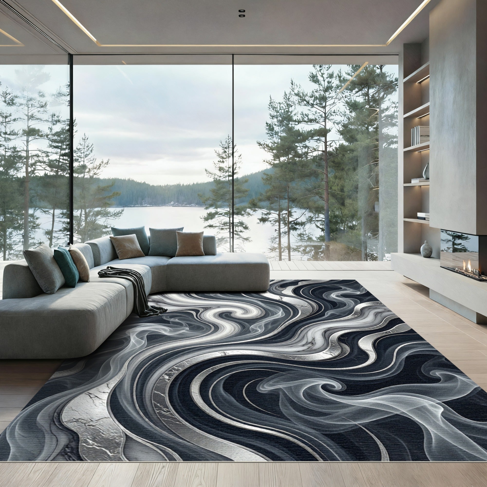 Monochromatic Swirl Marble Smoke Rug
