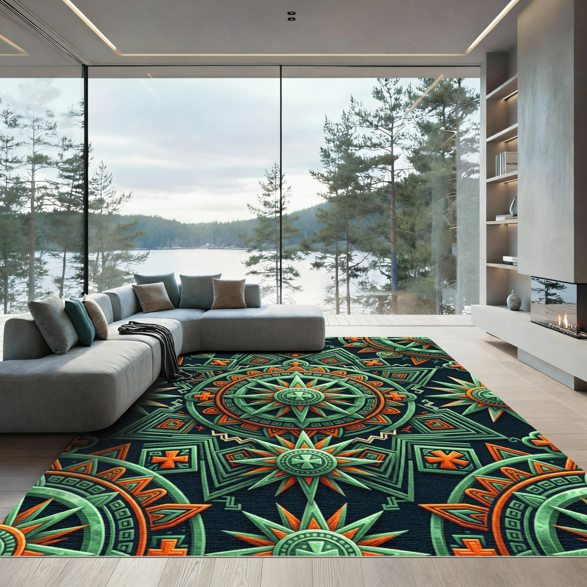 Aztec Emerald and Orange Compass Medallion Rug