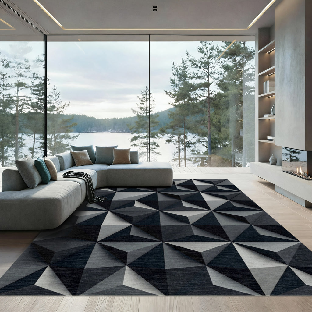 Dark Gray Geometric Faceted Rug