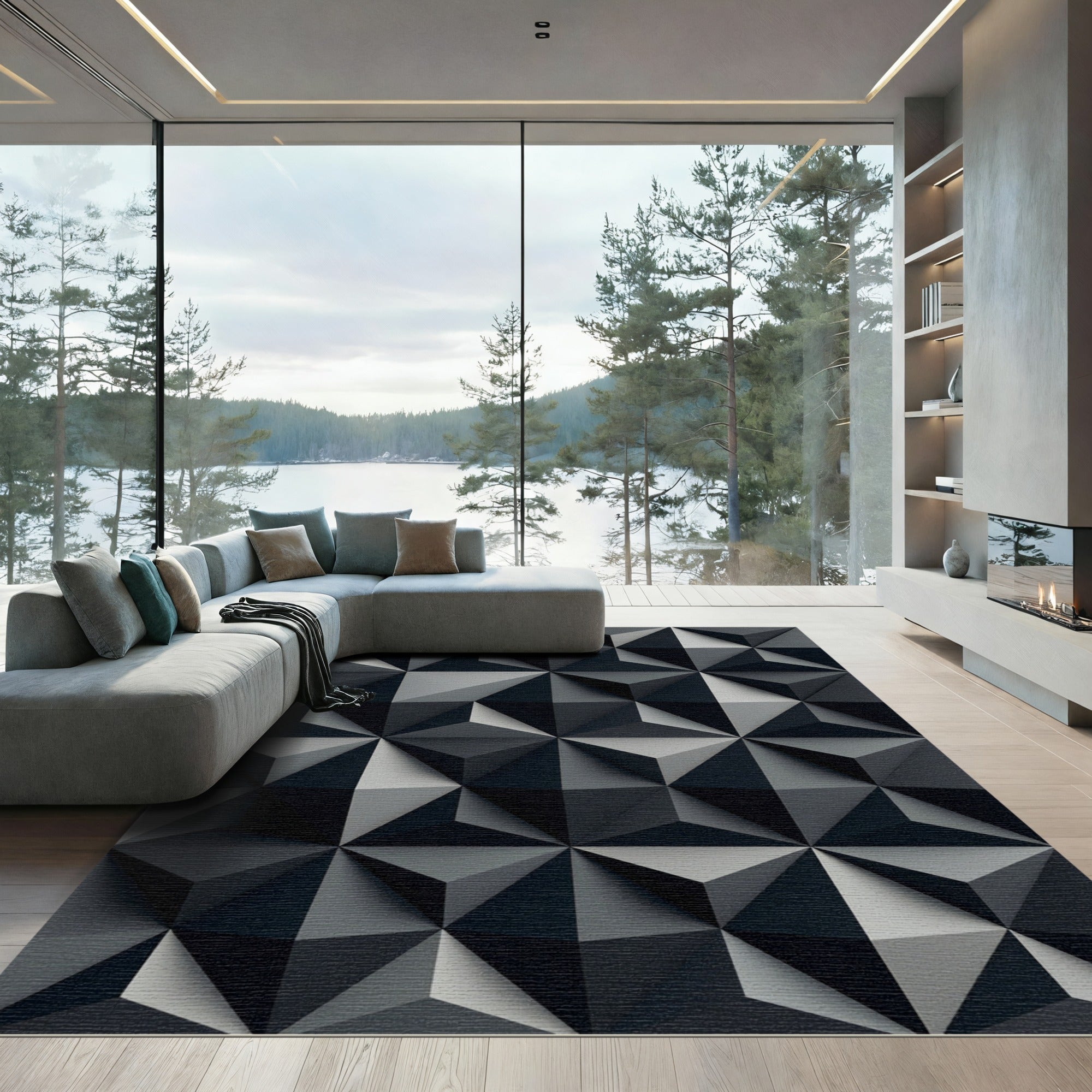 Dark Gray Geometric Faceted Rug
