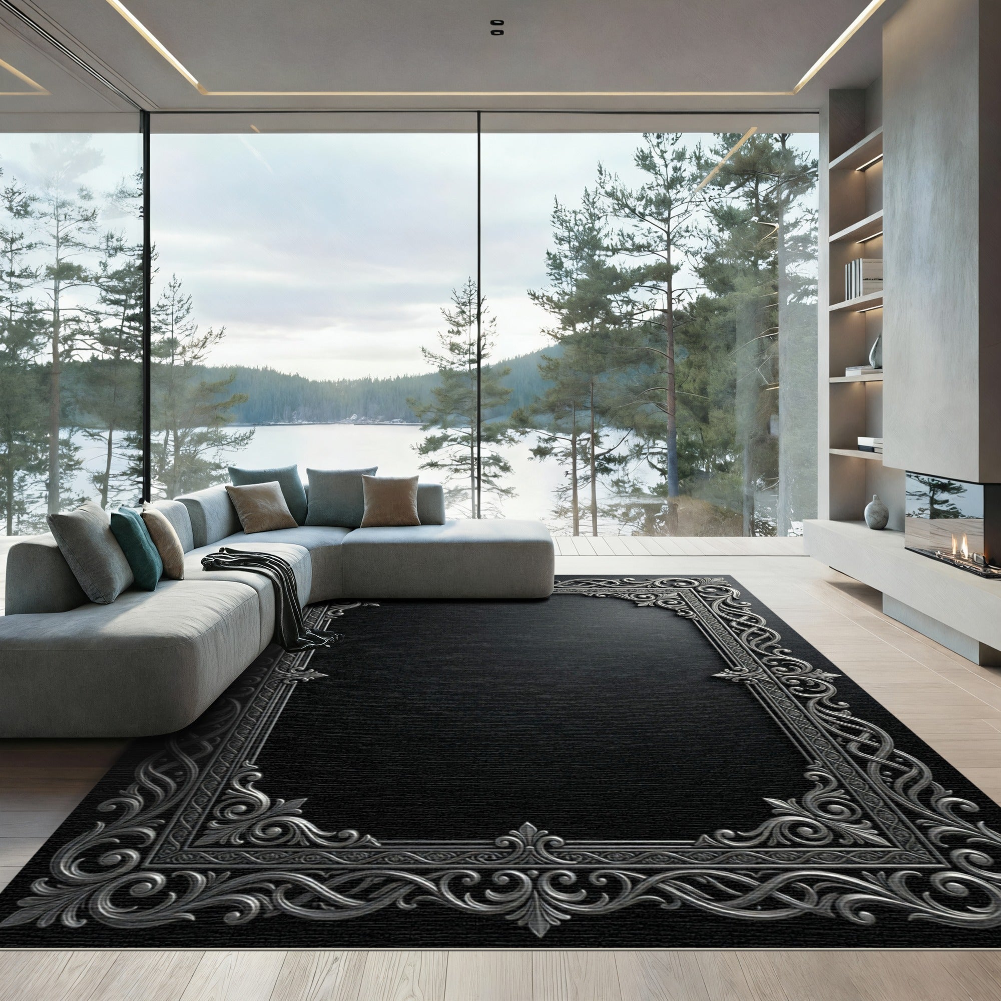 Ornate Silver Scrollwork Frame Rug