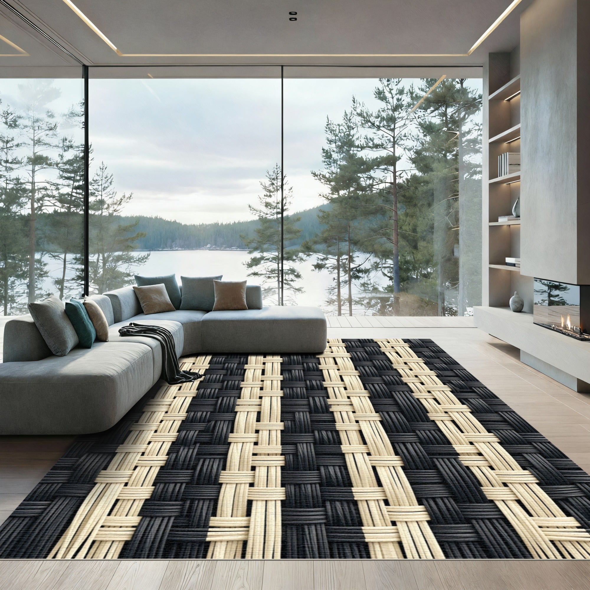 Monochrome Black and Cream Woven Stripe Rug