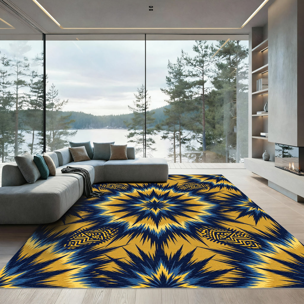 Blue Gold Geometric Starburst Rug