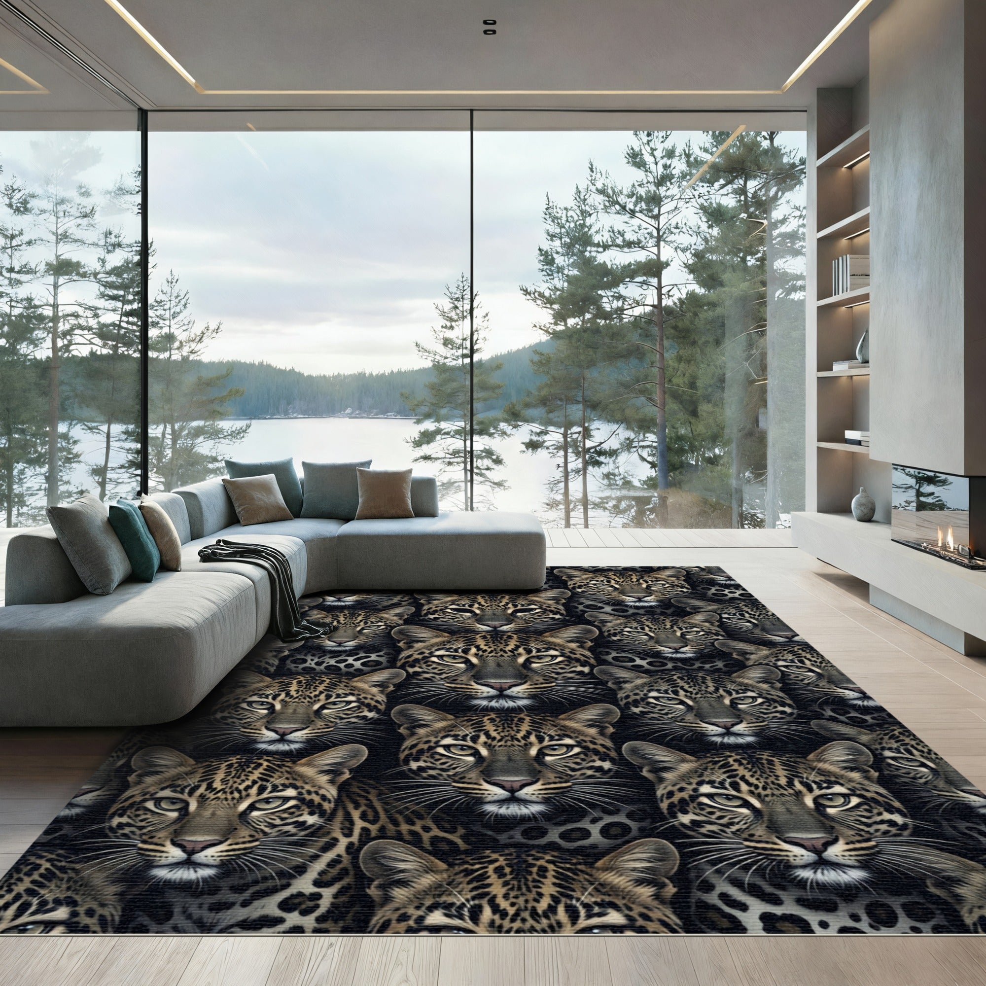 Bold Leopard Faces Dark Background Rug