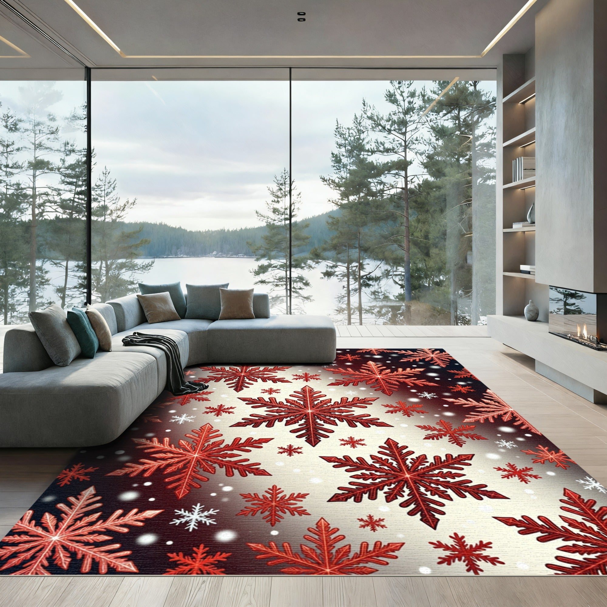 Crimson Snowflake Winter Snowfall Rug