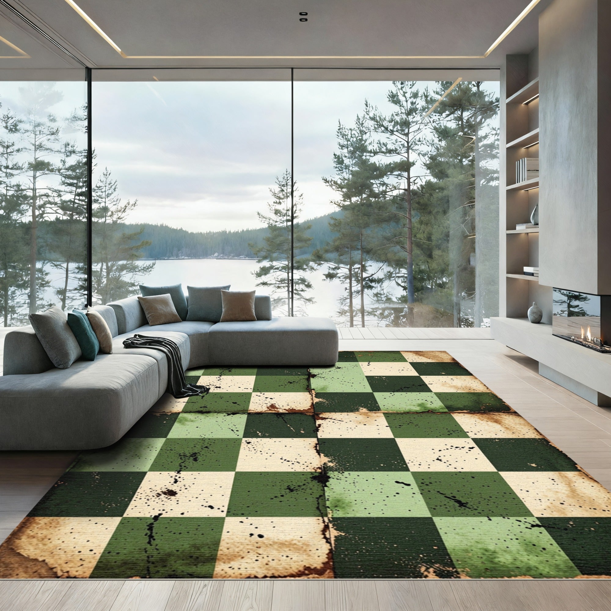 Vintage Green Checkerboard Splatter Rug