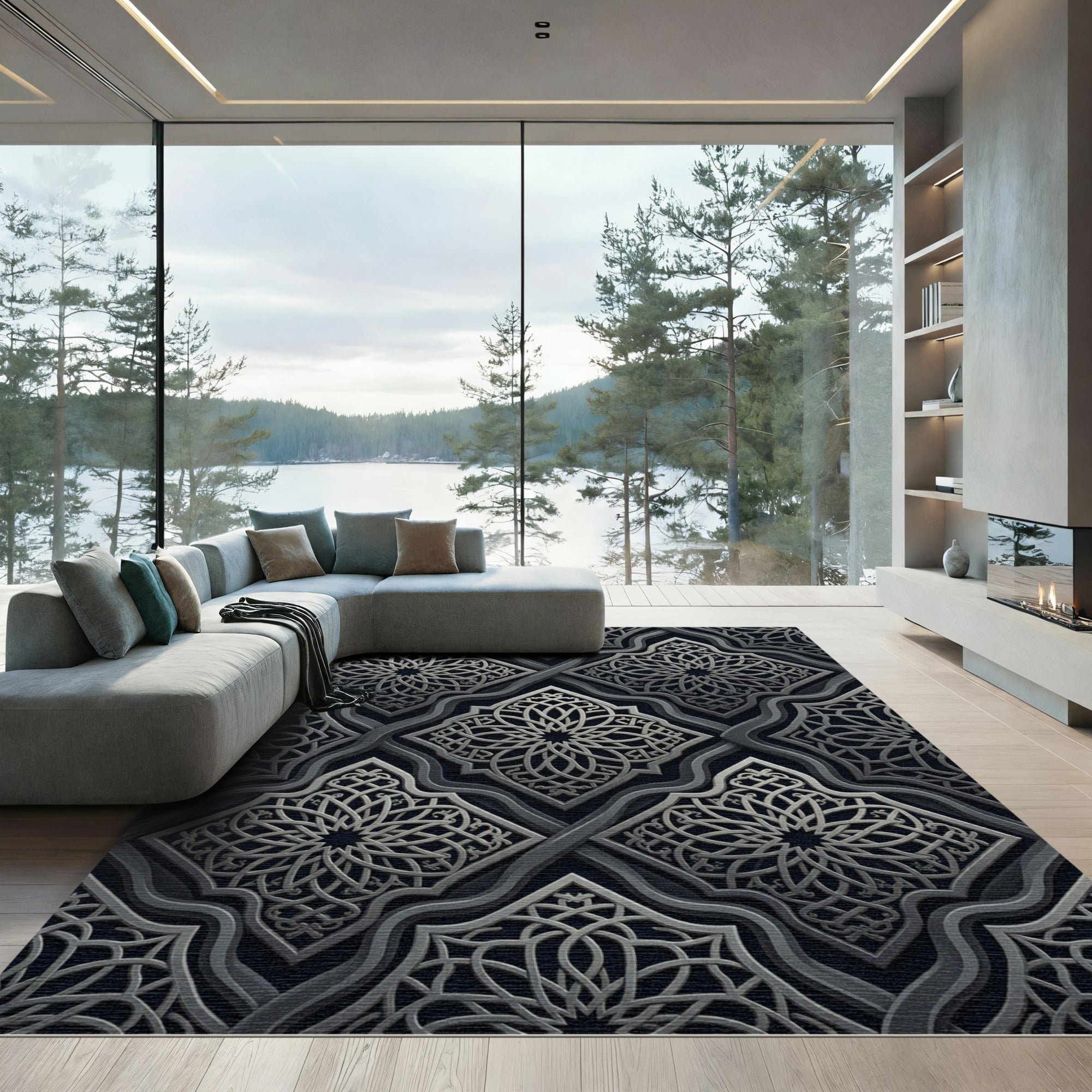 Intricate Silver Arabesque Interlocking Tessellation Rug