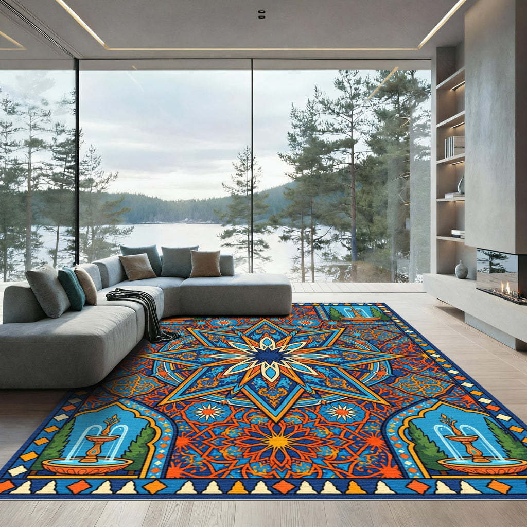 Vibrant Blue Orange Celestial Fountain Tile Rug
