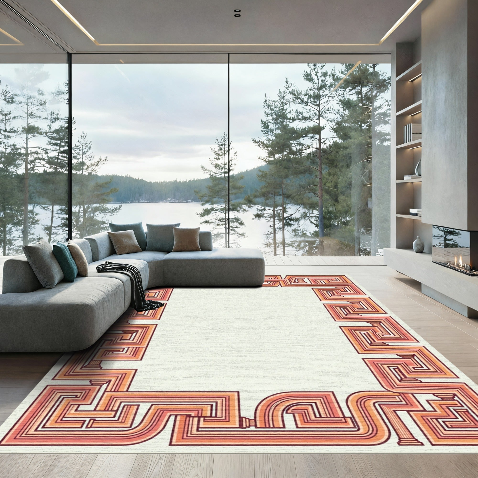 Classic Coral Geometric Maze border Rug