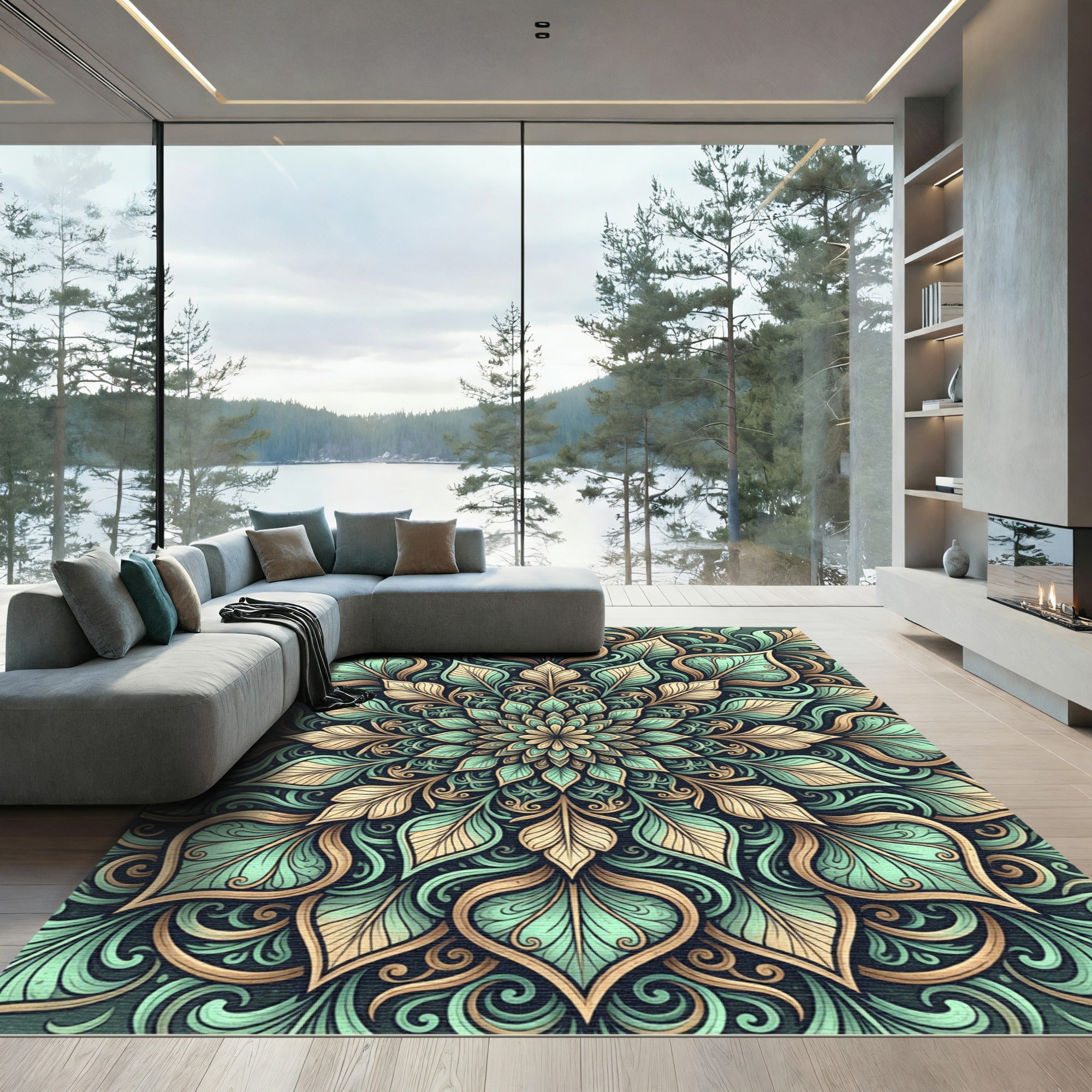 Sage and Gold Leaf Mandala Rug