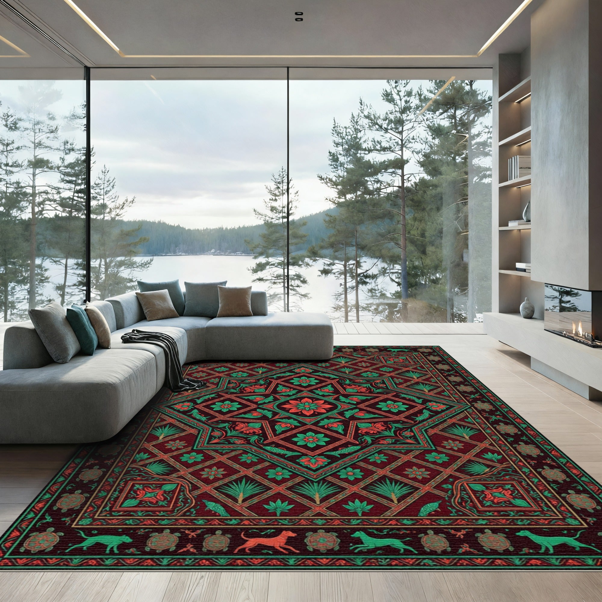 Rich Red Teal Floral Wildlife Medallion Rug
