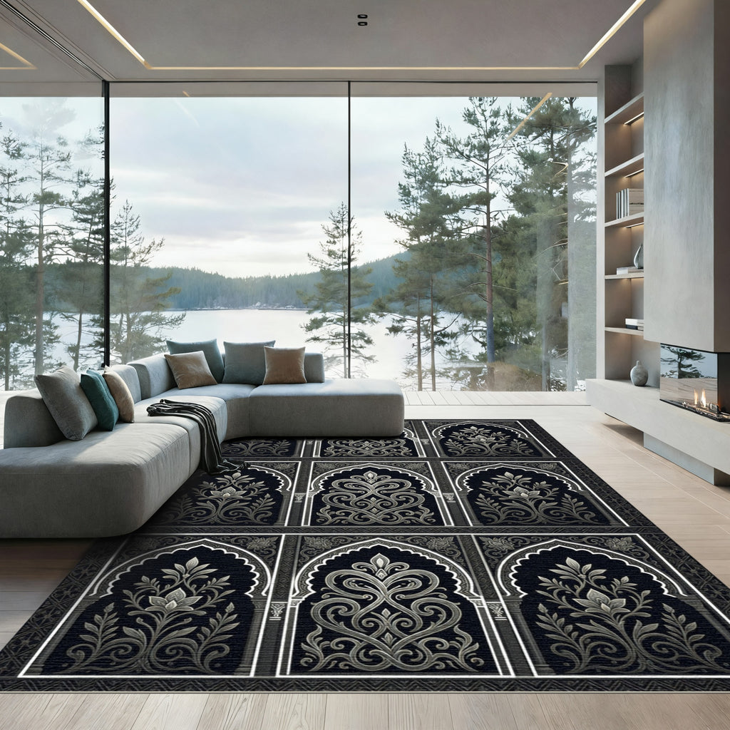 Intricate Black White Archway Floral Rug