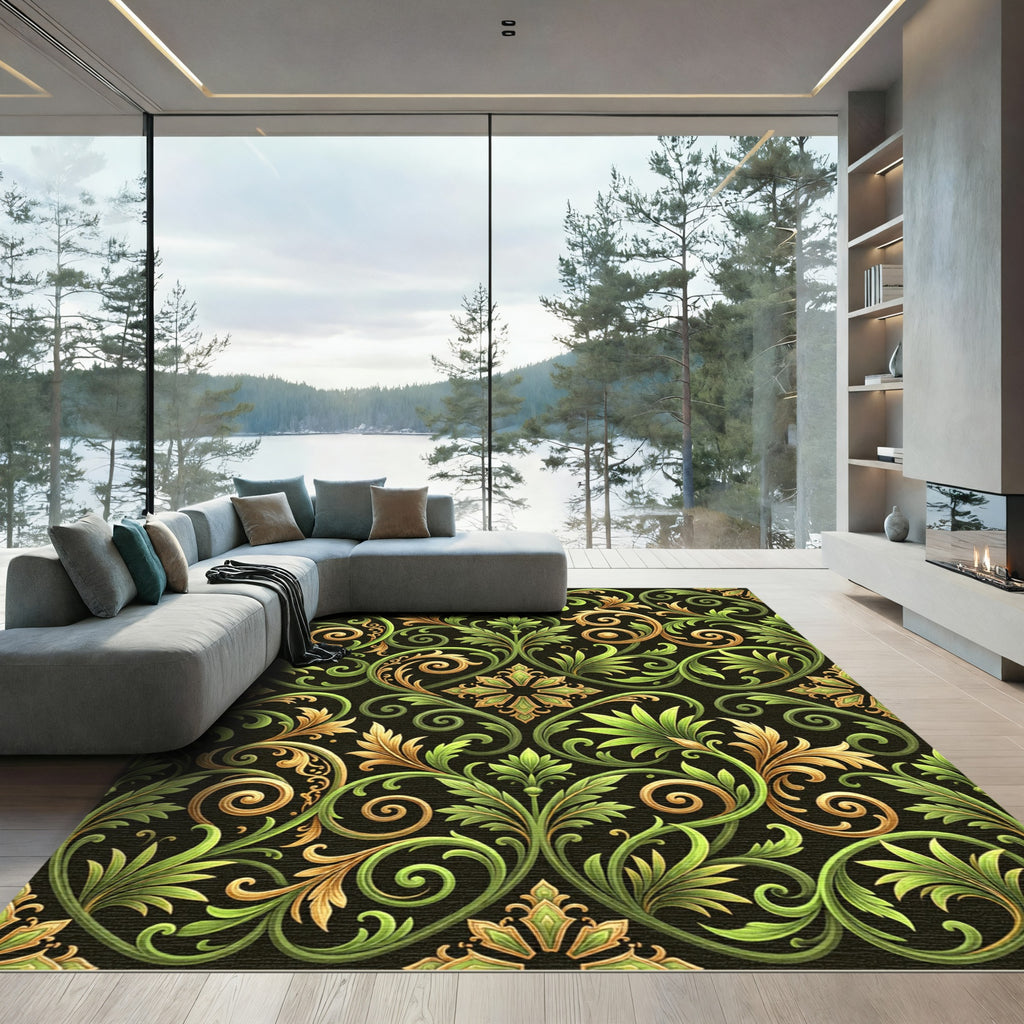 Green Gold Scroll Leaf Flourish Rug