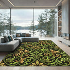 Green Gold Scroll Leaf Flourish Rug