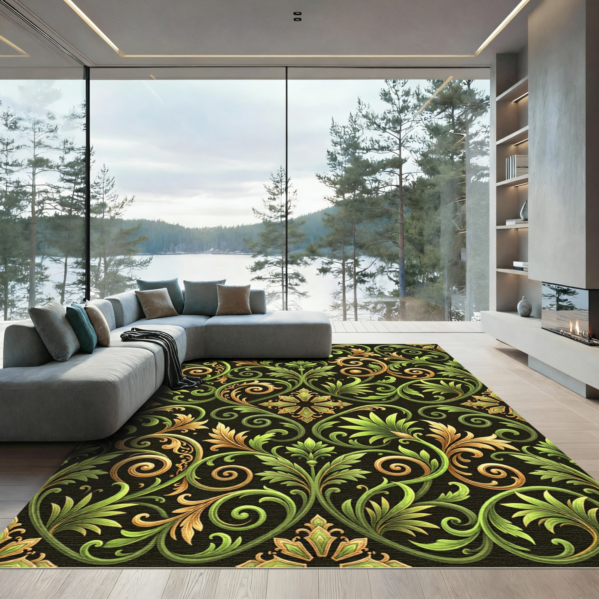Green Gold Scroll Leaf Flourish Rug