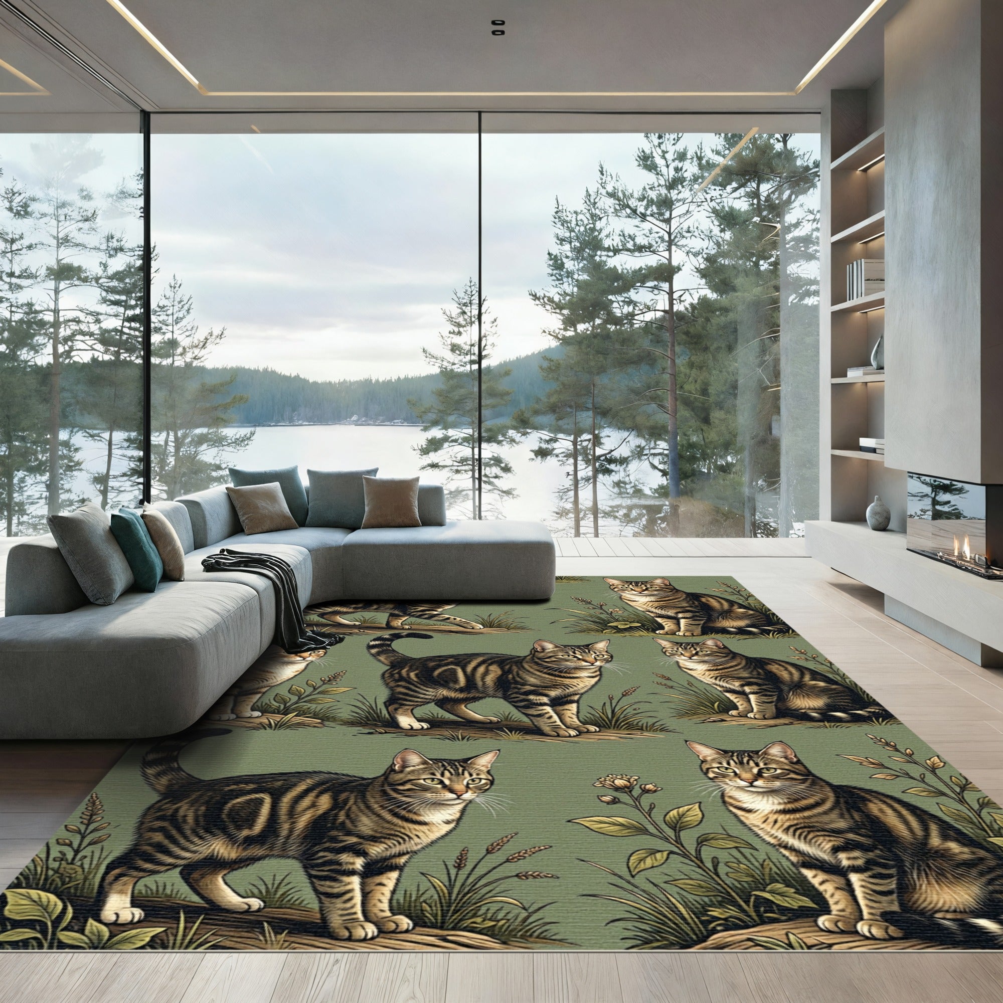 Brown Tabby Cats In Lush Greenery Rug