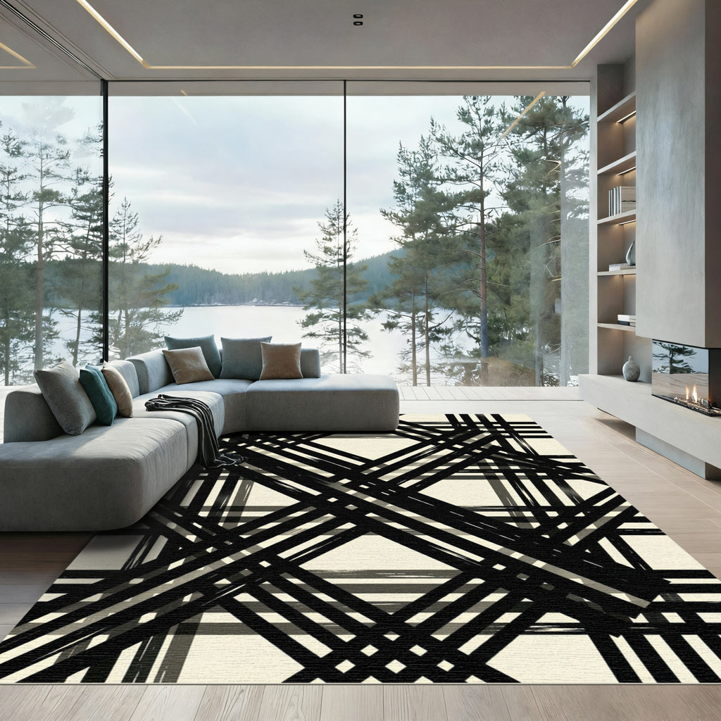 Modern Black and Cream Geometric Plaid Rug