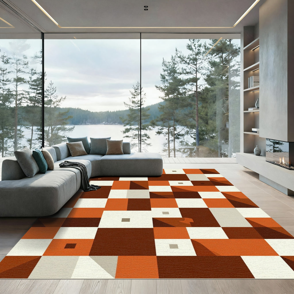 Mid Century Terracotta Geometric Block Rug