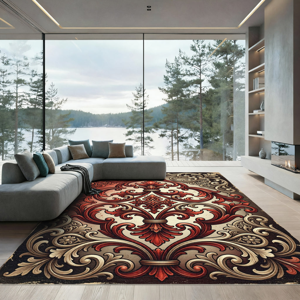 Ornate Crimson Cream Damask Scrollwork Rug