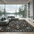 Ornate Silver and Gold Foliage Medallion Rug