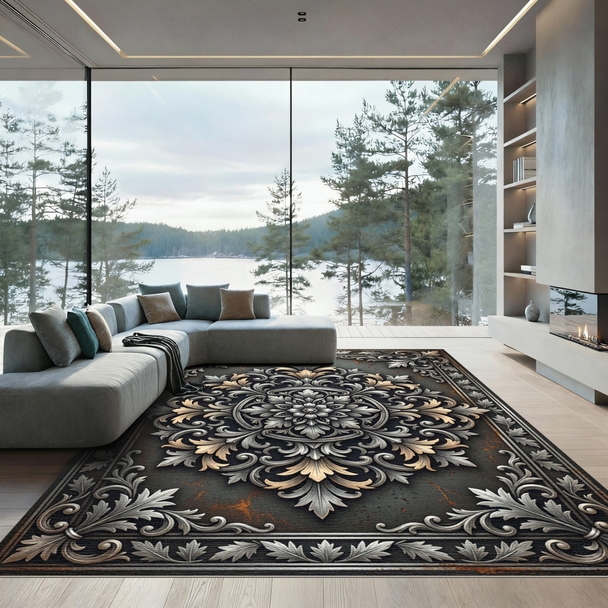 Ornate Silver and Gold Foliage Medallion Rug