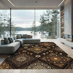 Golden Floral Mandala Geometric Dark Backdrop Rug