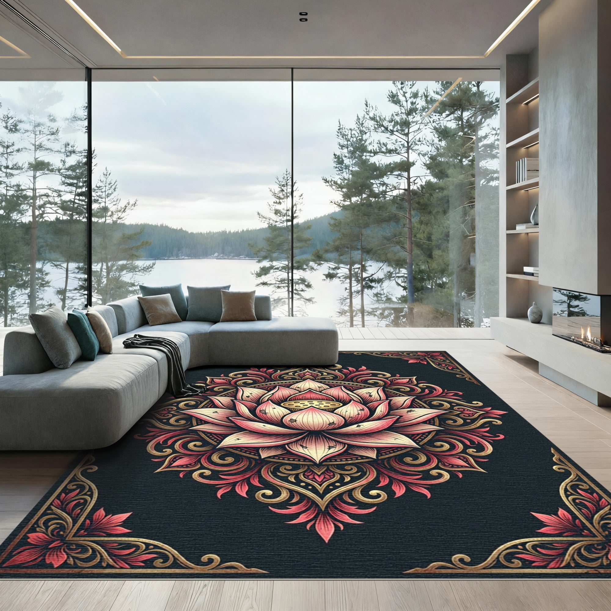 Elegant Pink Lotus Floral Mandala Rug