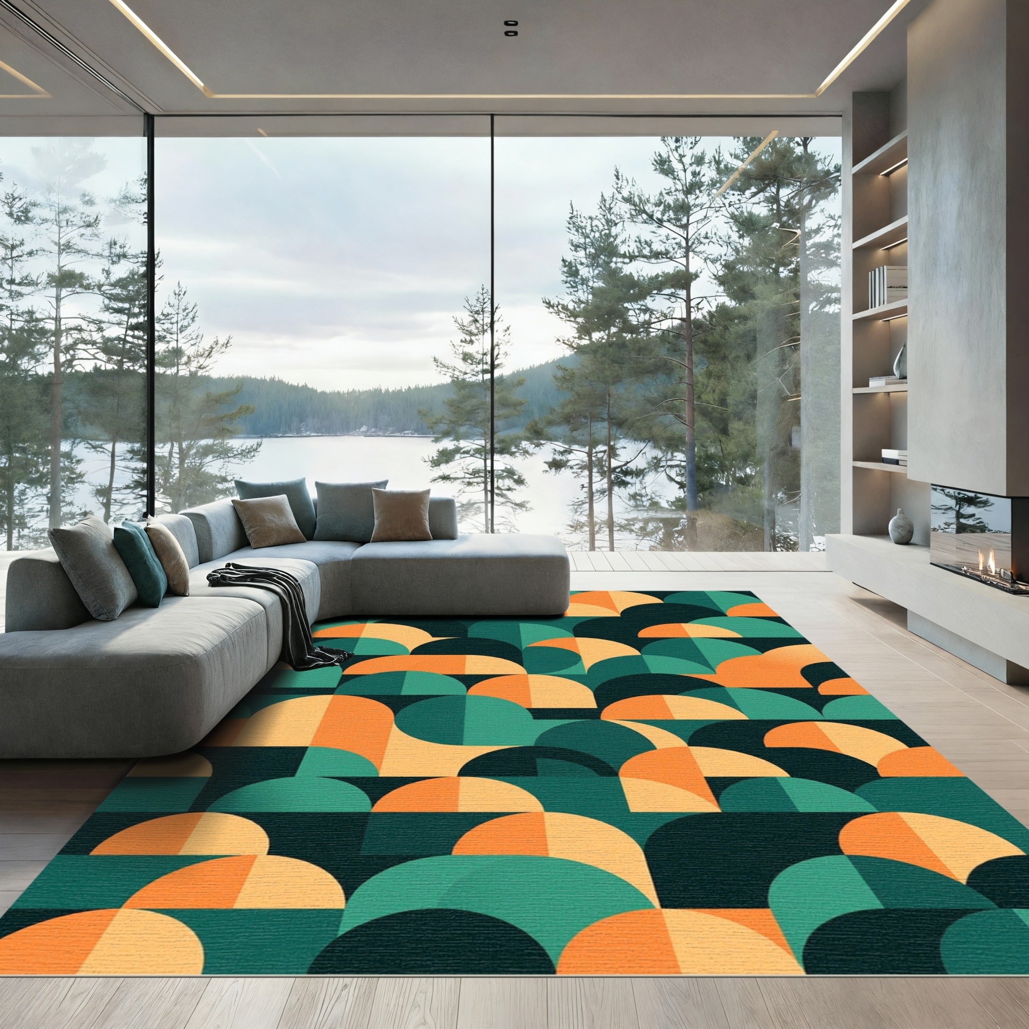 Mid-Century Modern Geometric Orange Teal Arc Rug