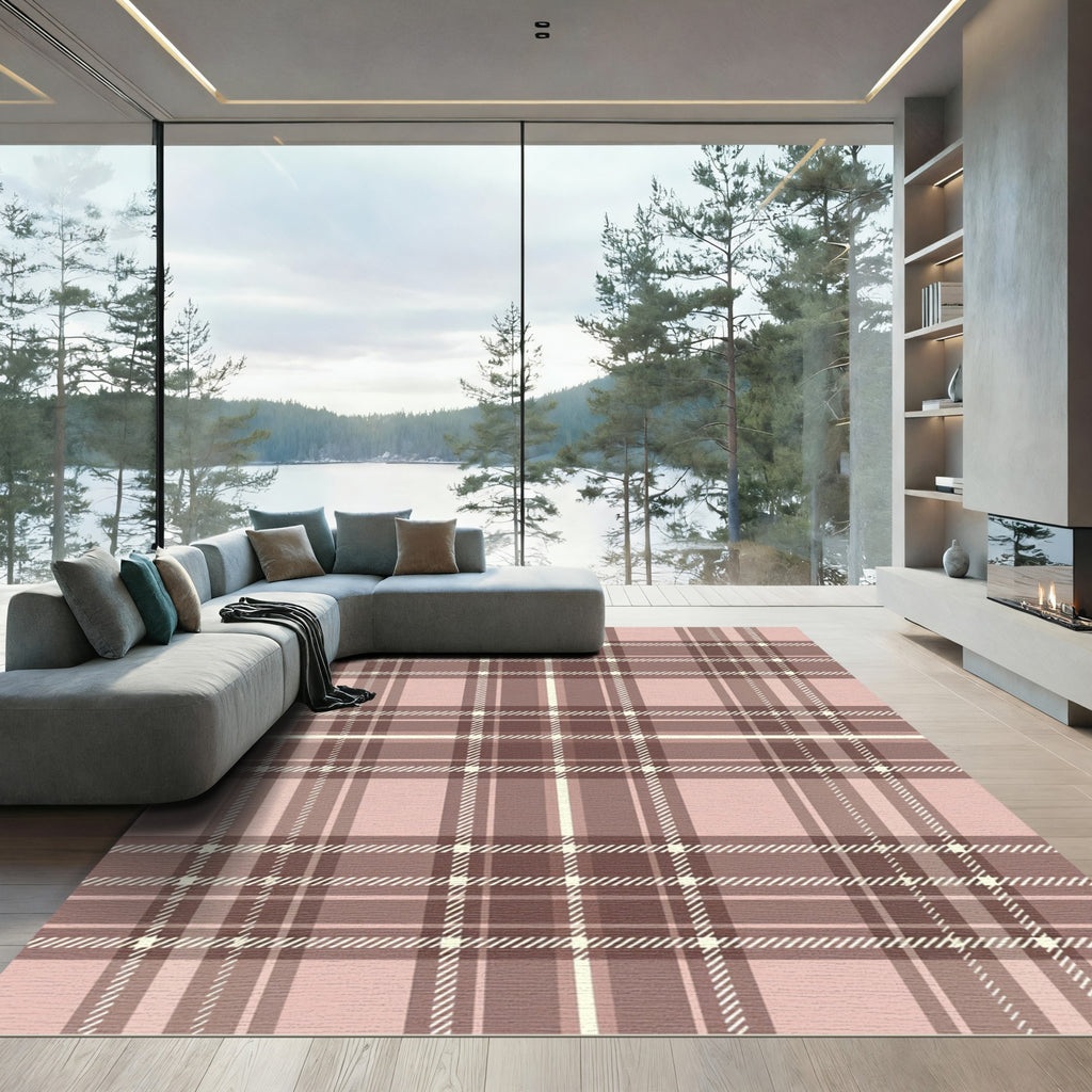 Soft Rose Pink Plaid Lines Rug